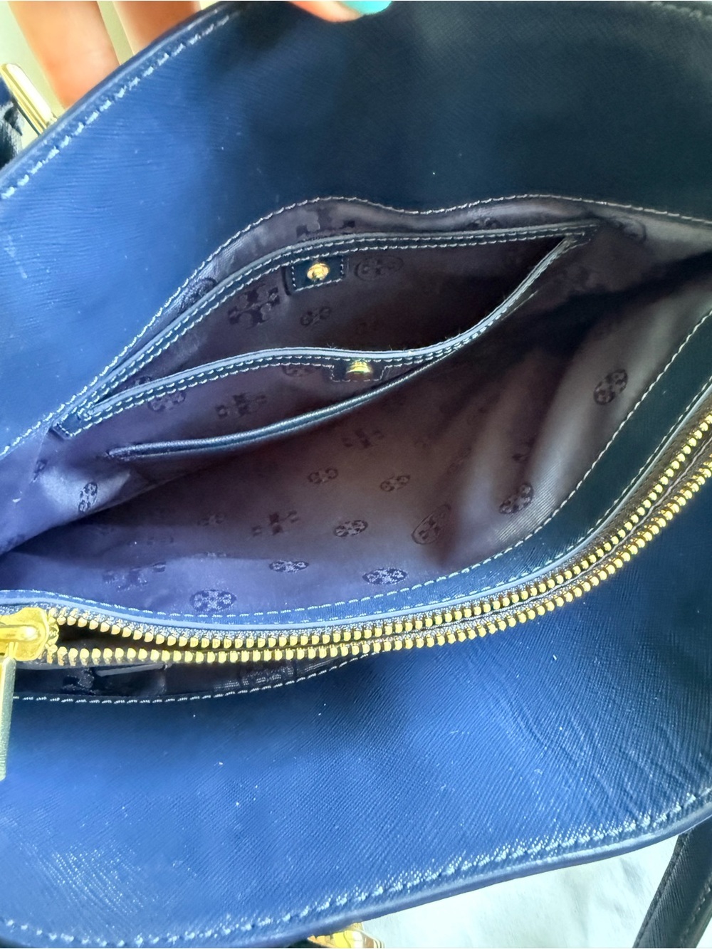 Tory Burch Navy Saffiano Leather Dome Satchel with Gold Hardware - Picture 5 of 12